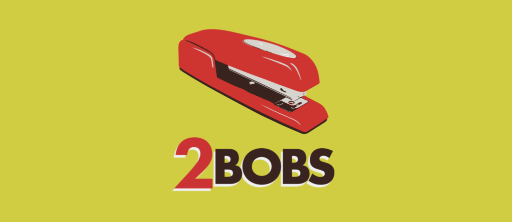 Two Bobs podcast logo of a red stapler