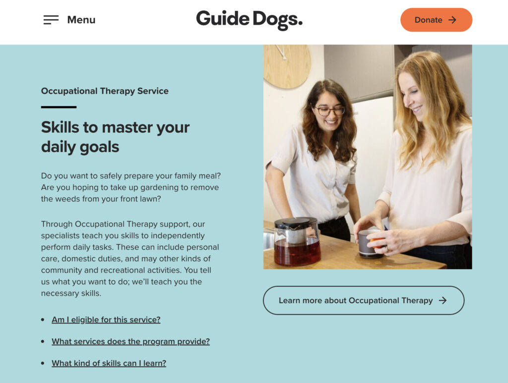 Screenshot from the Guide Dogs' website, featuring a standard text and image module, showcasing an image of two women preparing a cup of coffee.