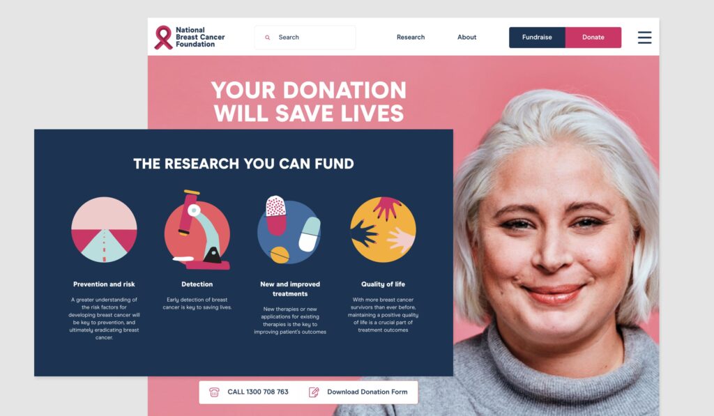 Screenshot from 'The National Breast Cancer Foundation' website highlighting the impact associated with donations.