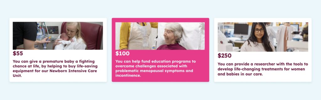 Screenshot from 'The Royal Women's Hospital' website showing how microcopy is used to reiterate the value of your potential donation.